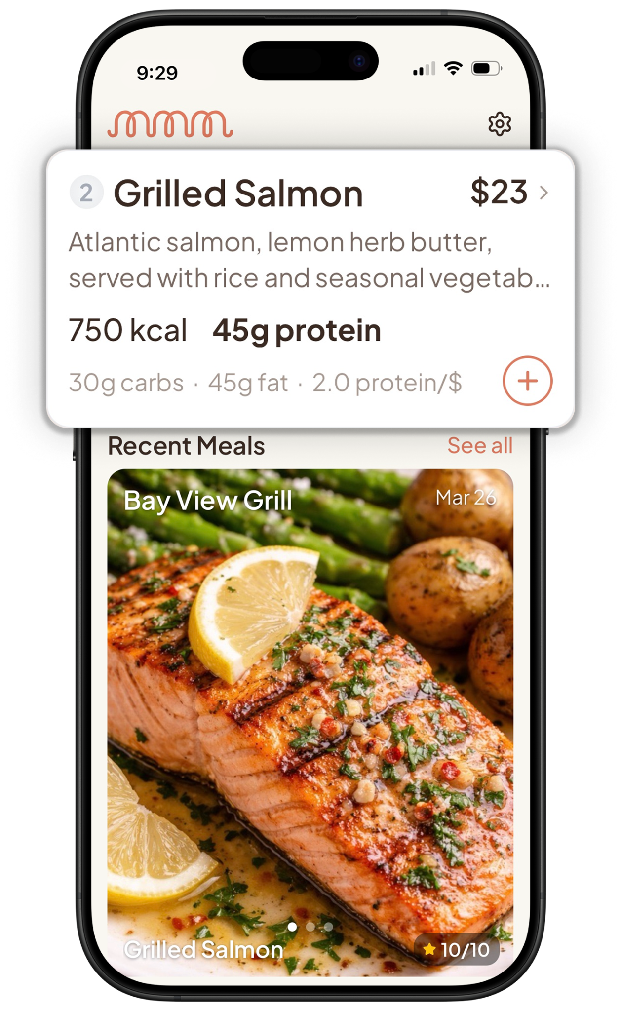 My Menu Map app screen showing a scanned dish with estimated calories and protein